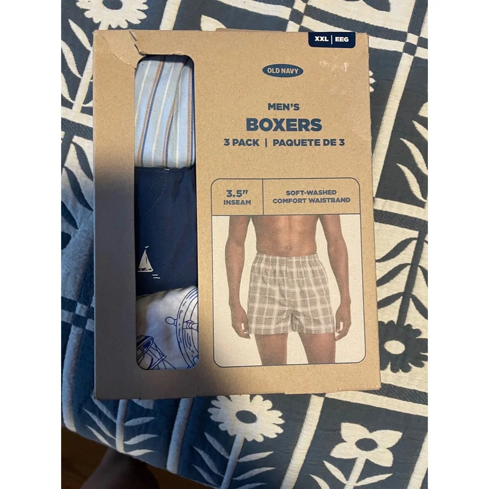 Old Navy Mens XXL OG Boxers 3 Pack Nautical Sailboat Stripe Blue White Cotton